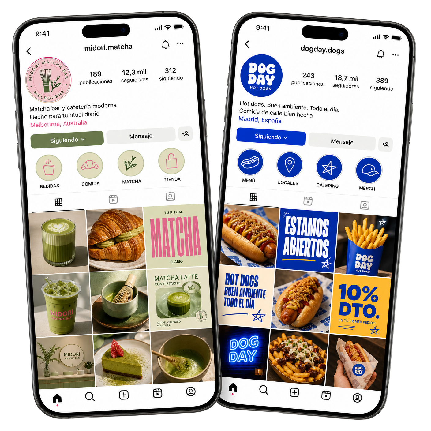 Dos móviles con feeds de Instagram diseñados: un matcha bar y un restaurante mediterráneo