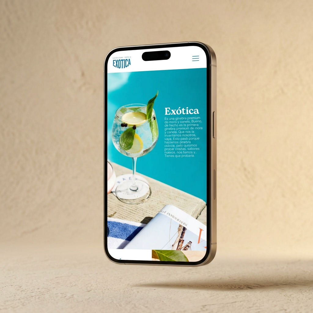 Mockup realista de iPhone con el sitio web de Exótica